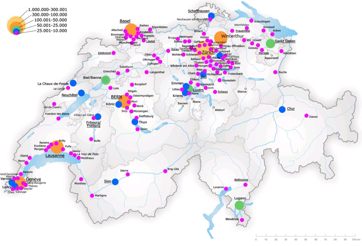 schweiz karta med större städer